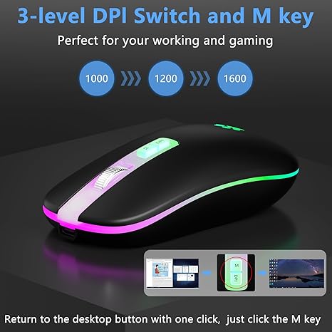 Uiosmuph LED Wireless Mouse, G12 Slim Rechargeable Silent Mouse, 2.4G Portable USB