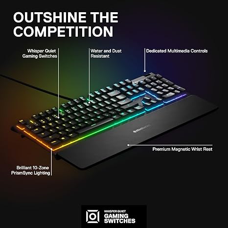 SteelSeries Apex 3 RGB Gaming Keyboard – 10-Zone RGB Illumination